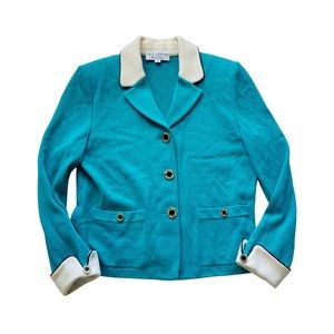 St. John Collection Teal Blue Button Down Santana Knit Sweater Blazer | SZ 8